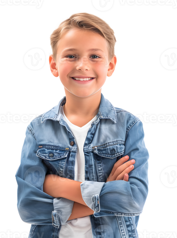 Smiling blonde hair boy posing crossed arms looking at camera isolated on transparent background png