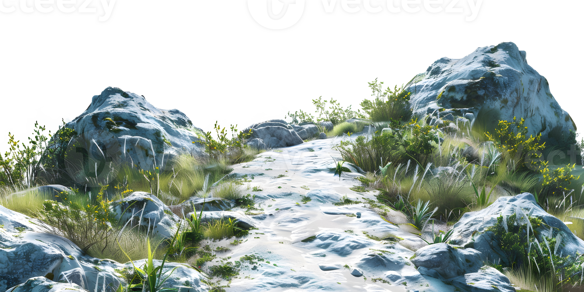 Stone path with grass and flowers isolated on transparent background png
