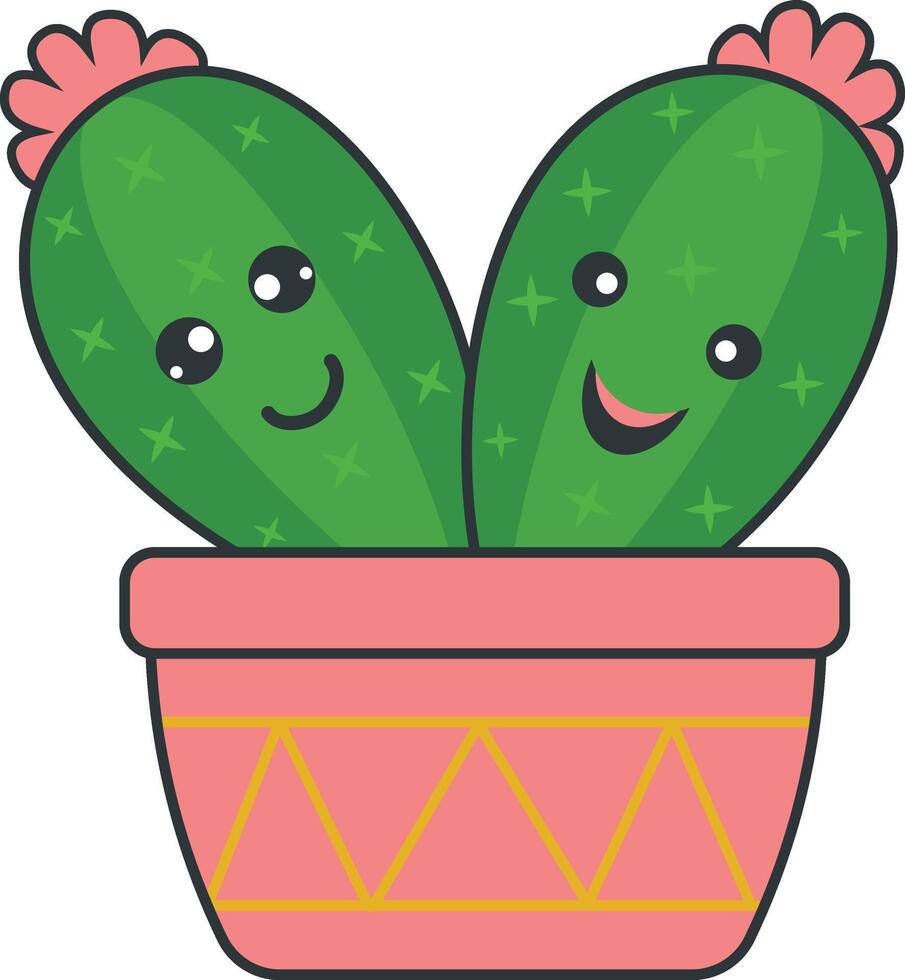 Kawaii Potted Cactus with Cartoon Style. Isolated on White Background. vector