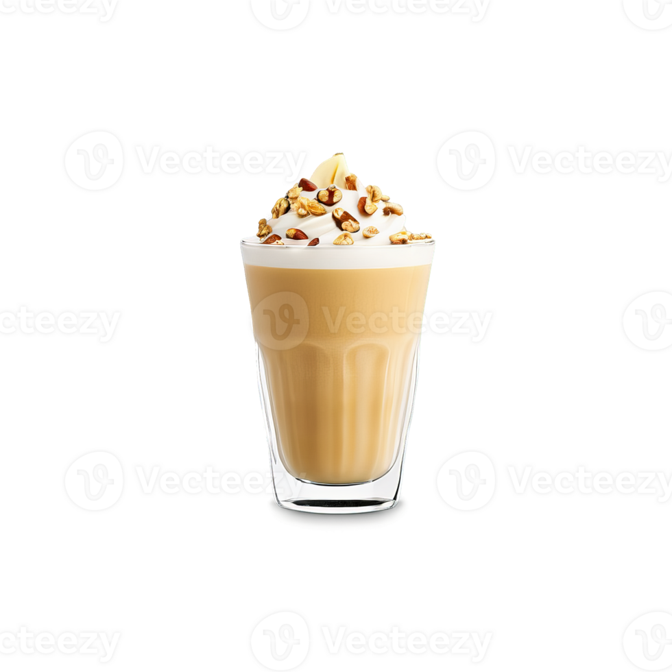 Banana nut latte in a clear glass cup with the sweet creamy flavor of banana png