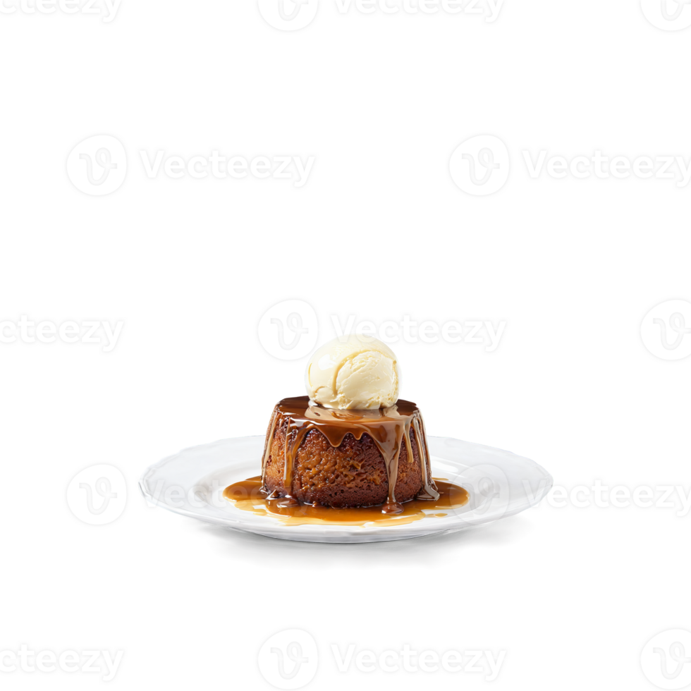 Sticky toffee pudding with caramel sauce and vanilla ice cream melting Food and culinary concept png