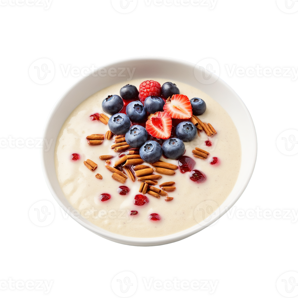Quinoa milk porridge in a ceramic bowl topped with fresh berries a drizzle of maple png