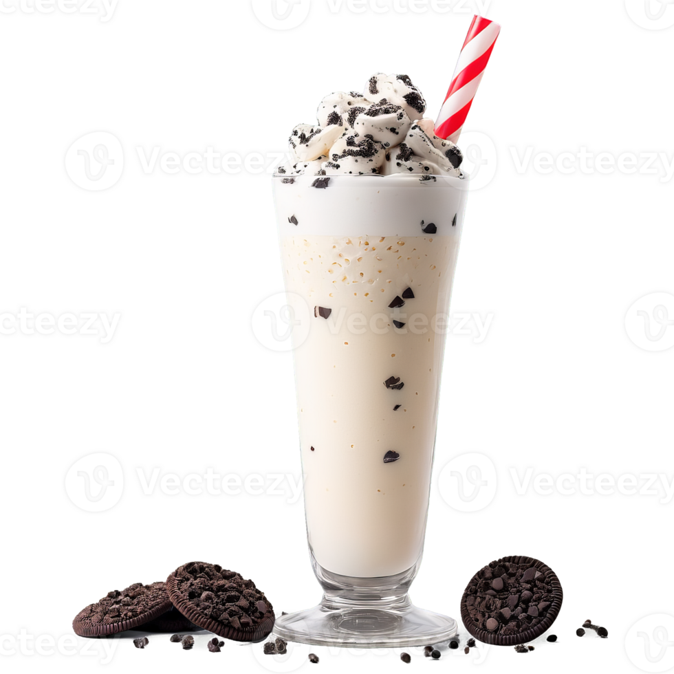 Cookies and cream milkshake served in a classic glass topped with cookie crumbles isolated on png