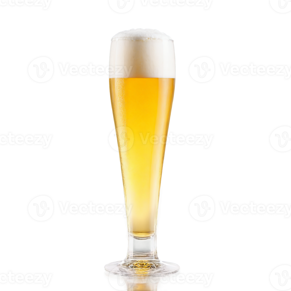 Pilsner beer glass tall and slender filled with clear golden beer one empty and one png