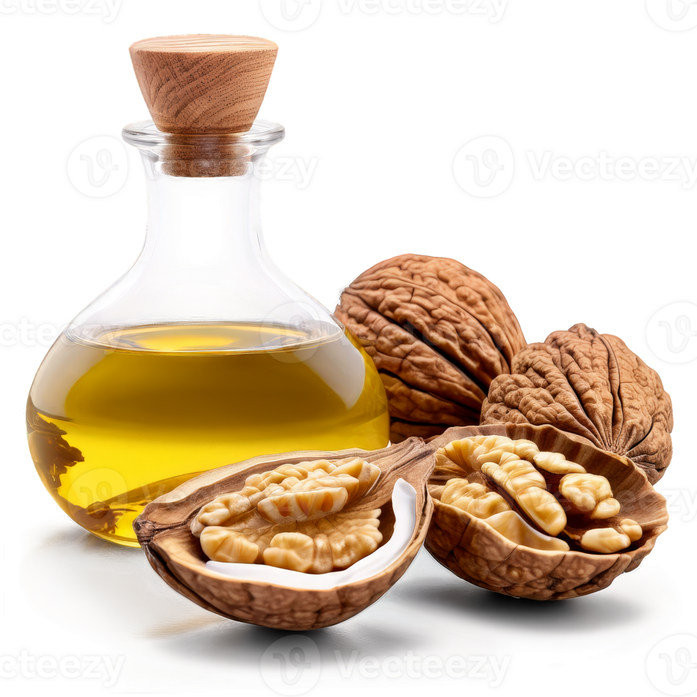 Walnut oil in a clear glass cruet with a cracked walnut and shell on a png