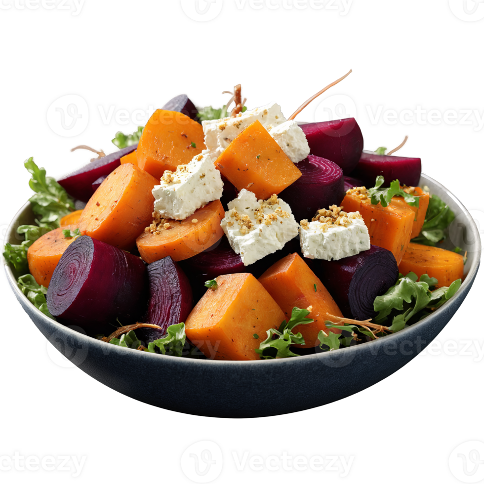 Roasted root vegetable salad elements over prepared bowl roasted beets parsnips and carrots dancing airily png