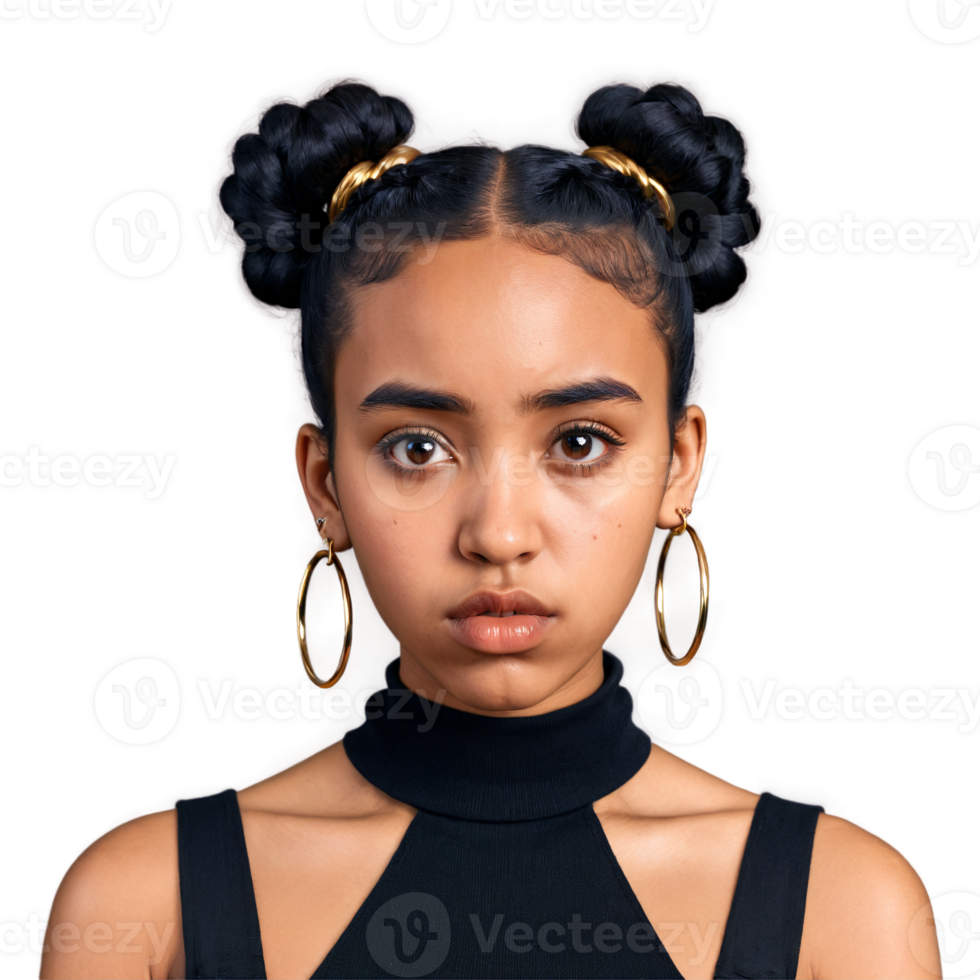 Young multiracial woman with space buns and septum ring adorable face grieving eyes pouting mouth. Essence of diverse femininity. png