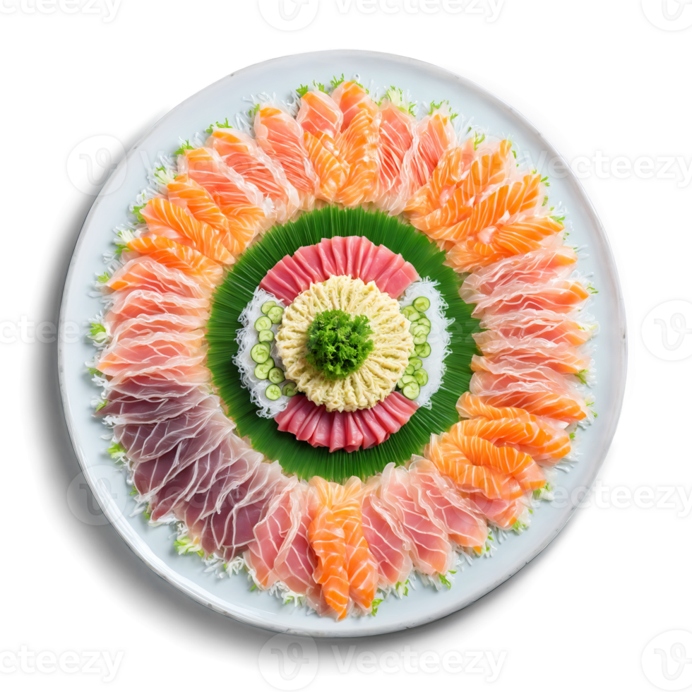 sashimi plato mandala un delicado modelo de clasificado sashimi rebanadas con soja salsa salpicaduras png