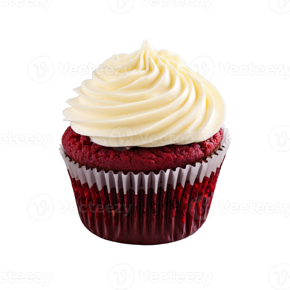 rosso velluto Cupcake con liscio crema formaggio glassa in profondità rosso colore umido mollica carta rivestimento png