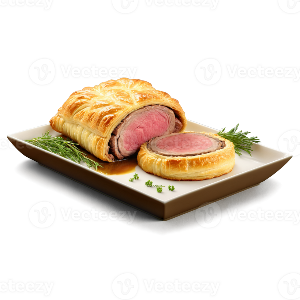 Beef Wellington puff pastry wrapped tenderloin medallion in glass dish duxelles spilling isolated Food and png