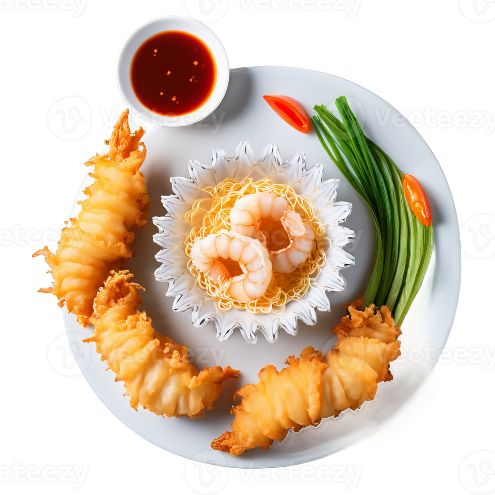 Seafood tempura lightly battered and fried garnished with tentsuyu sauce captured from above png