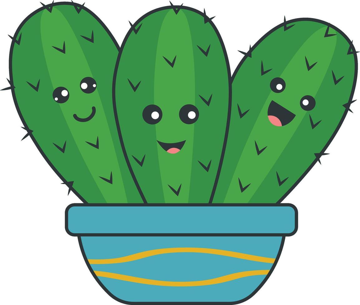 Kawaii Potted Cactus with Cartoon Style. Isolated on White Background. vector