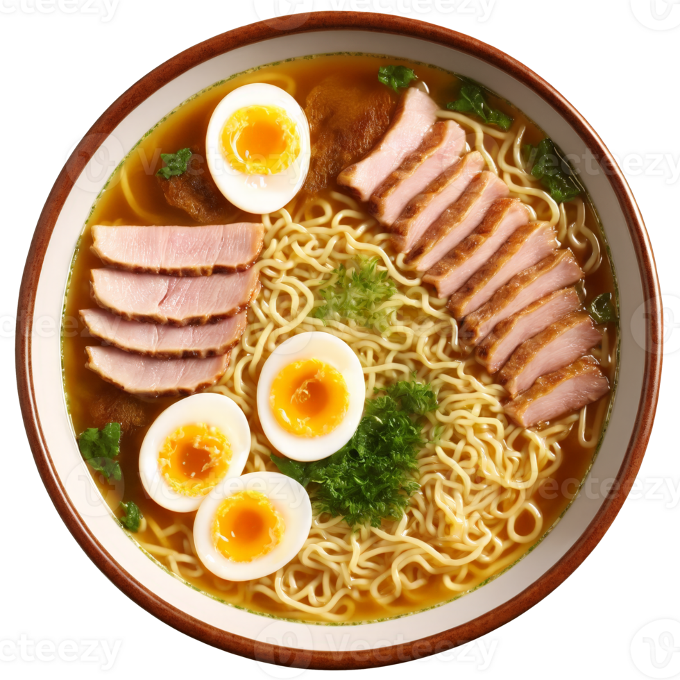 Savory ramen in transparent bowl noodles swirling broth splashing egg yolk bursting pork slices spinning png