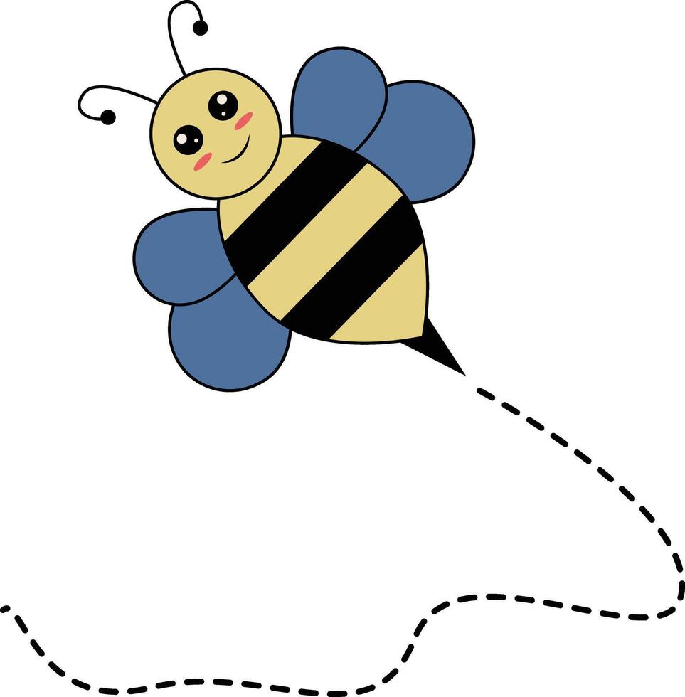 Flat Cartoon Bee Flying on Dotted Lines. Illustration Design vector