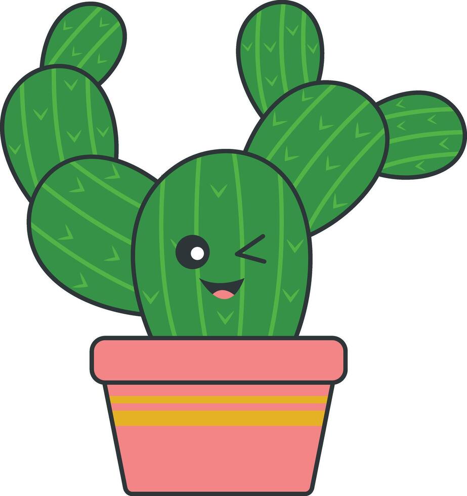 Kawaii Potted Cactus with Cartoon Style. Isolated on White Background. vector