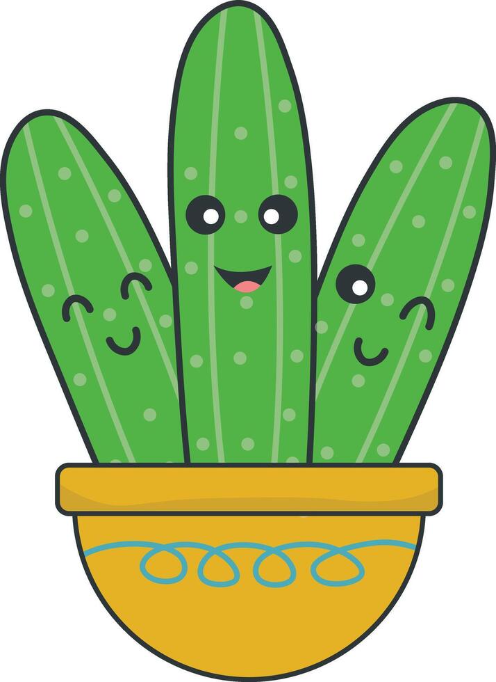 Kawaii Potted Cactus with Cartoon Style. Isolated on White Background. vector