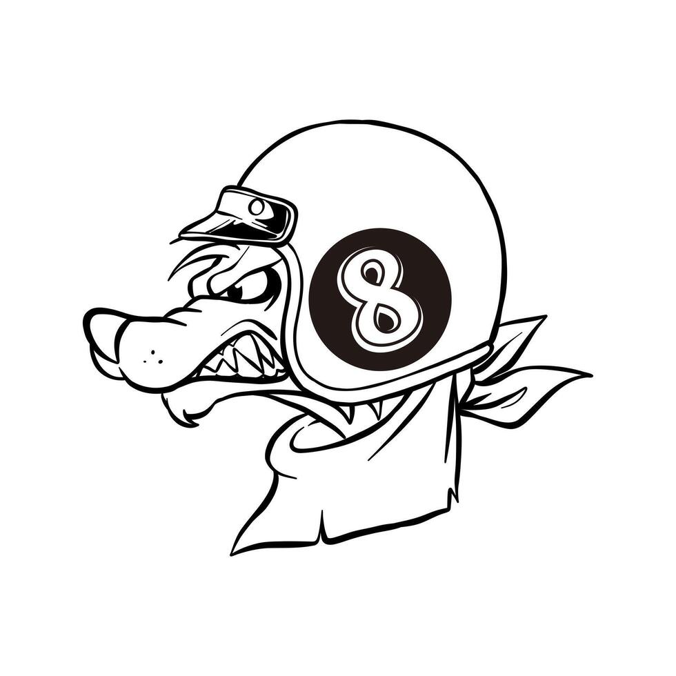 cartoon illustration of a wolf wearing a helmet in black and white vector