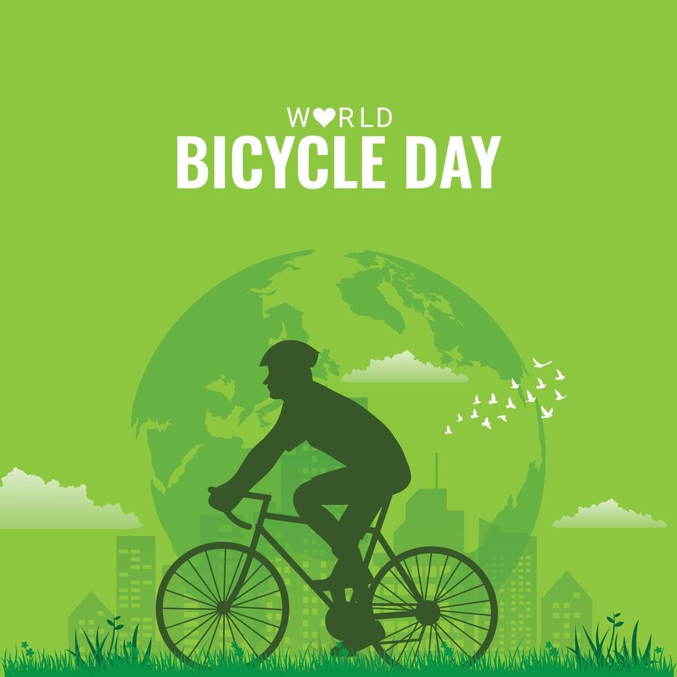 mundo bicicleta día creativo único verde natural ambiental eco simpático concepto idea diseño. Vamos verde y salvar el ambiente. montando ciclo verde Respetuoso del medio ambiente mundo. verde energía, salvar el tierra vector