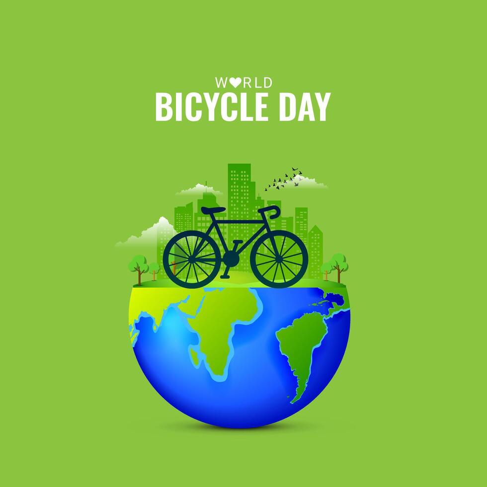 mundo bicicleta día creativo único verde natural ambiental eco simpático concepto idea diseño. Vamos verde y salvar el ambiente. montando ciclo verde Respetuoso del medio ambiente mundo. verde energía, salvar el tierra vector