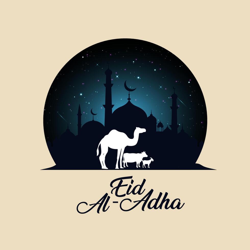 Eid Al Adha Mubarak Greeting Islamic Illustration Background editable creative unique Design With Camel cow Goat and mosque at night for the Muslim celebration. vector