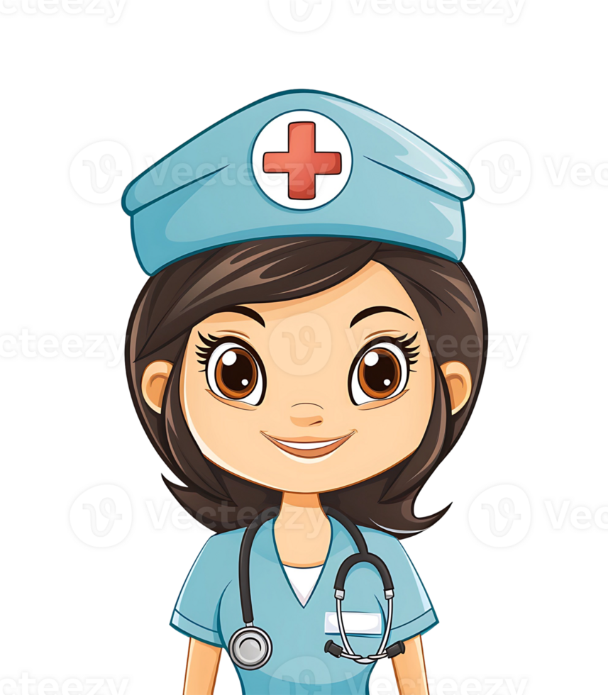 A cartoon nurse with a caring smile, wearing a traditional white uniform and nurse's cap, ready for duty png