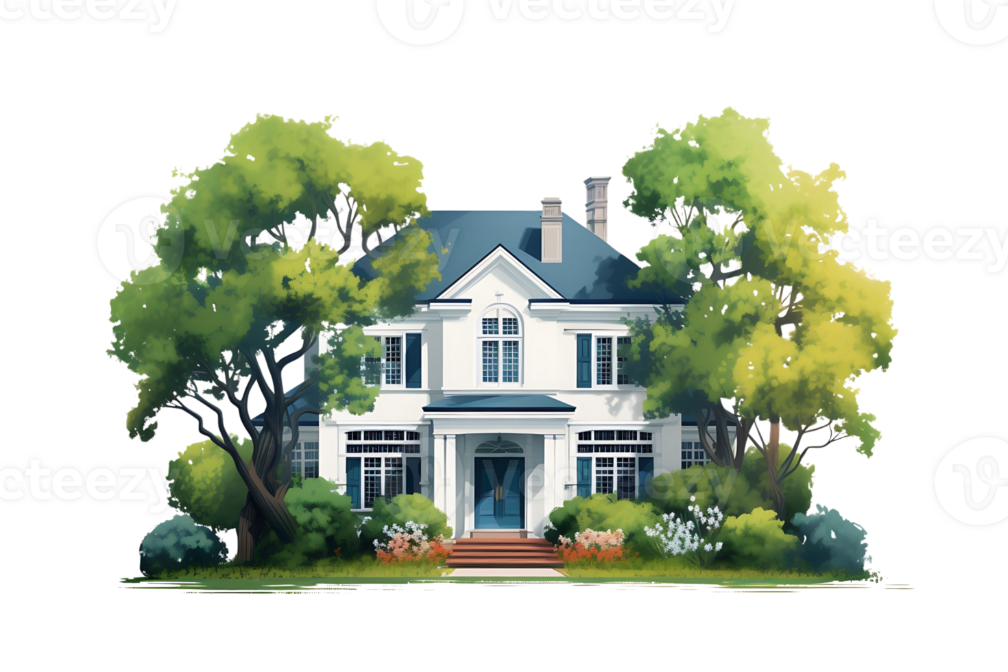 house with trees and bushes on transparent background png