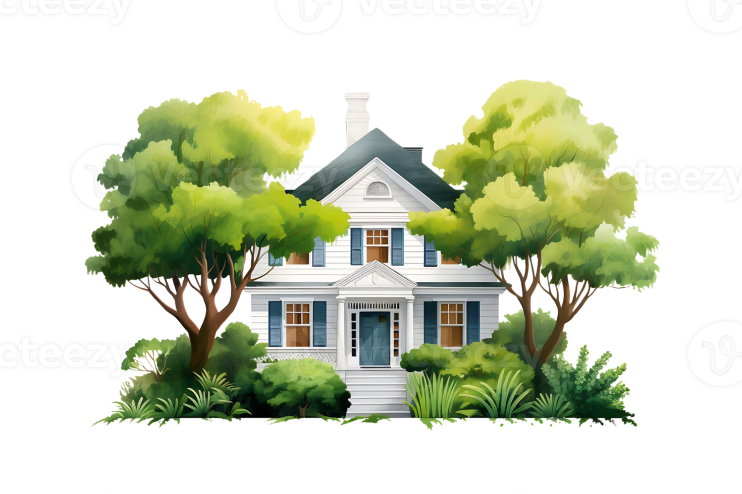 house with trees and bushes on transparent background png