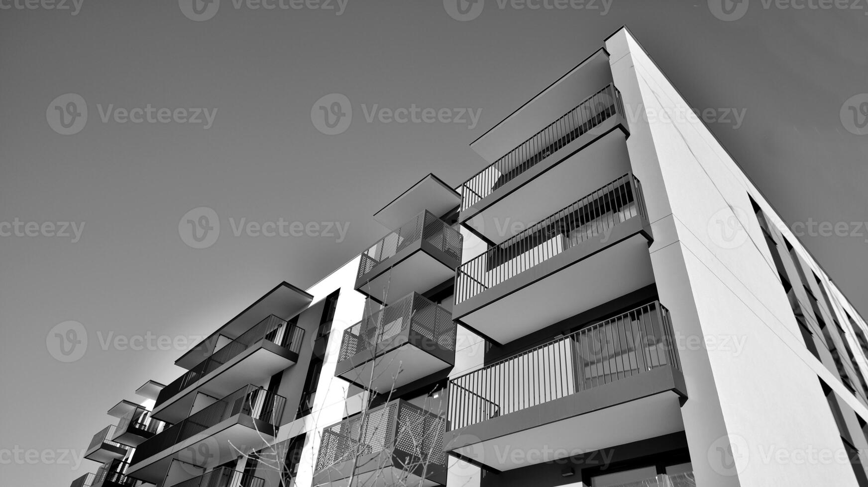 Fragment of a facade of a building with windows and balconies. Modern apartment buildings on a sunny day. Facade of a modern apartment building. Black and white. photo