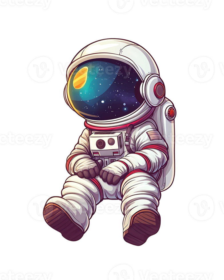 Detailed cartoon astronaut floating in zero gravity, helmet reflecting the vastness of space and stars png