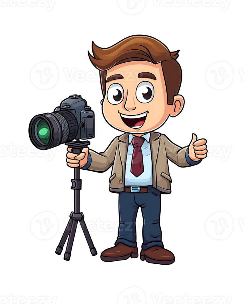 Digital illustration of a male journalist with a camera on a tripod, poised for reporting png