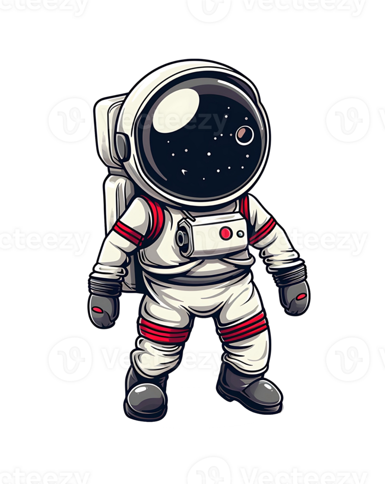Detailed cartoon astronaut floating in zero gravity, helmet reflecting the vastness of space and stars png