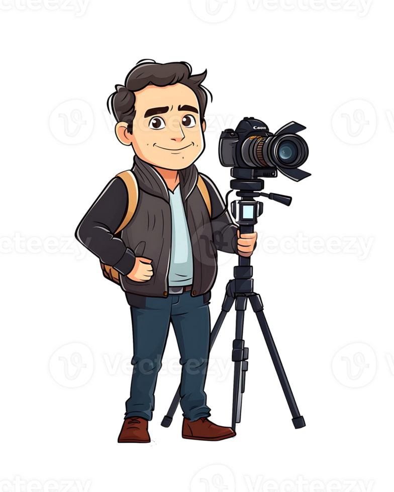 Digital illustration of a male journalist with a camera on a tripod, poised for reporting png