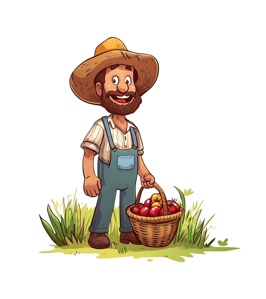 Cheerful farmer in a wide-brimmed hat holding a basket full of fresh vegetables, standing in a grassy field png