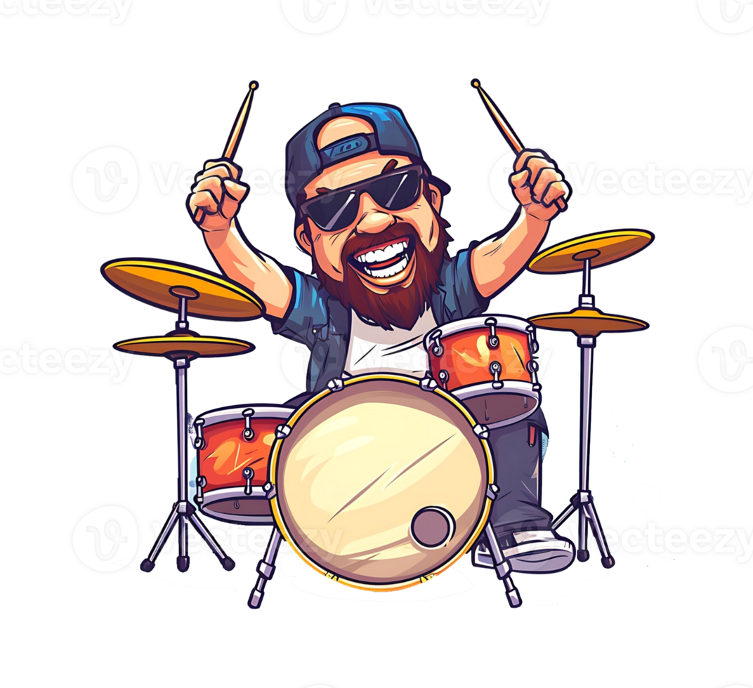 Energetic rock drummer in mid-performance, passionately playing a drum set in a dynamic pose png