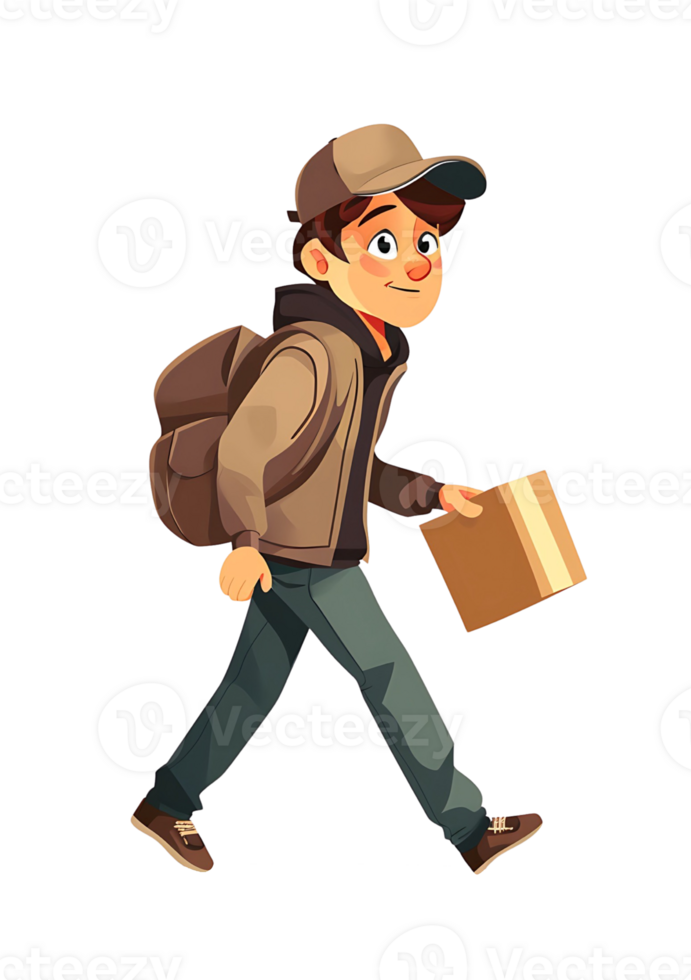 Animated courier in motion, carrying a package and wearing a cap, with a backpack over his shoulder png