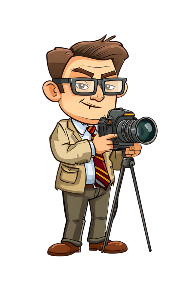 Digital illustration of a male journalist with a camera on a tripod, poised for reporting png