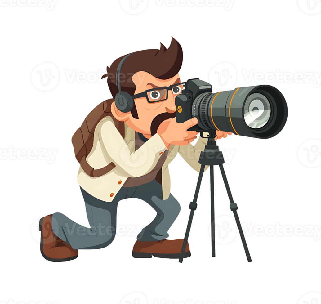 Digital illustration of a male journalist with a camera on a tripod, poised for reporting png