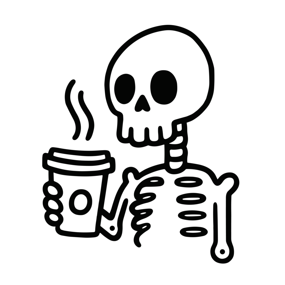 Skeleton drinking coffee holding takeaway cup caffeine lover sketch drawing illustration black ink line art outline dark academia aesthetic funny caffeinated tired student transparent background png