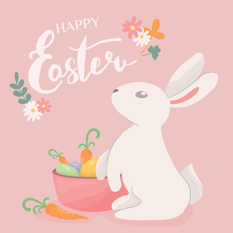 Cute white bunny character admiring the Easter eggs. Colorful flat illustration. Cartoon character rabbit easter concept for print, t-shirt, design, sticker and decorating vector