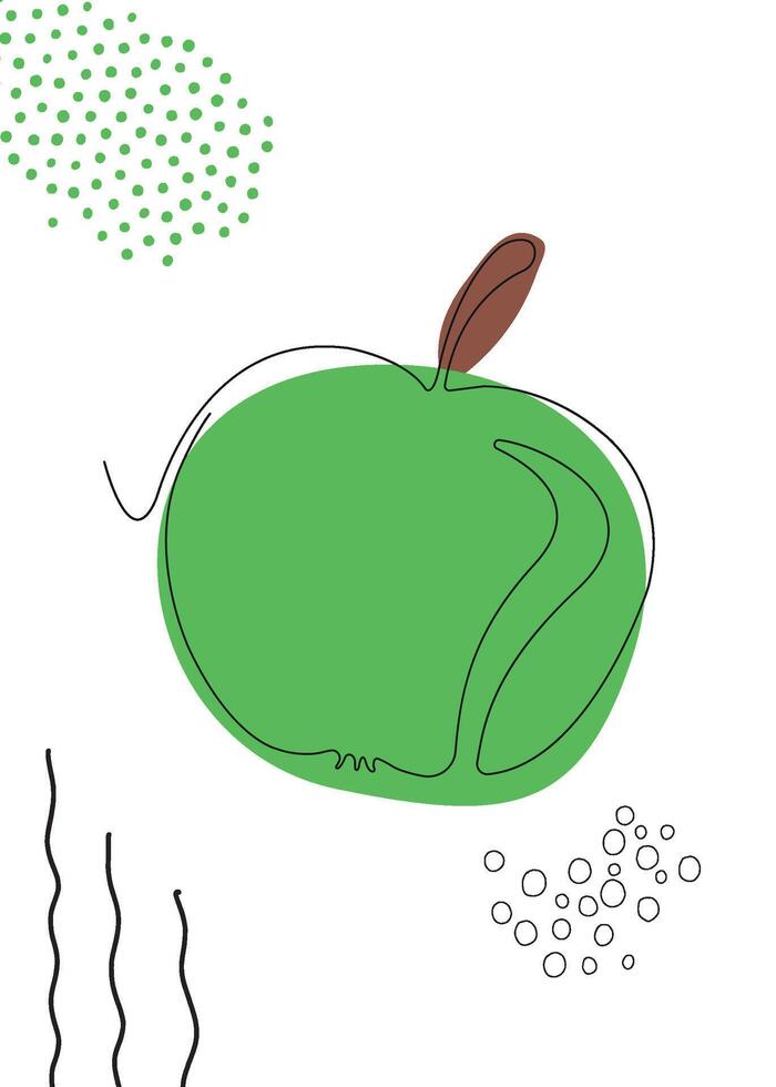 Continuous one line drawing apple. illustration. Black line art on white background with colorful spots and elements. Poster in minimalism concept vector