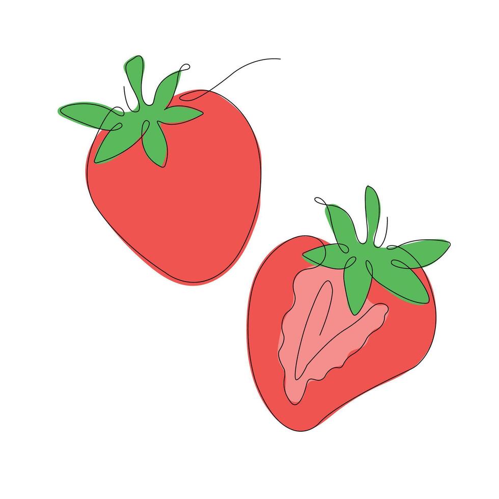 Strawberries in continuous line art drawing style. Half strawberry and whole strawberry minimalist black linear sketch with colored spots isolated on white background. illustration vector