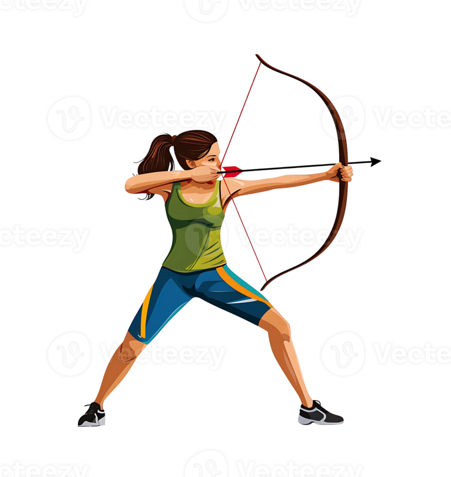 Focused female archer in action pose with bow and arrow on transparent background png