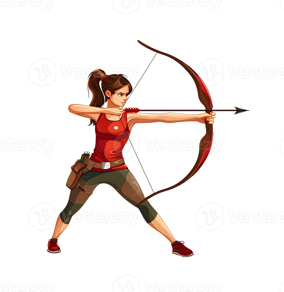konzentriert weiblich Bogenschütze im Aktion Pose mit Bogen und Pfeil auf transparent Hintergrund png