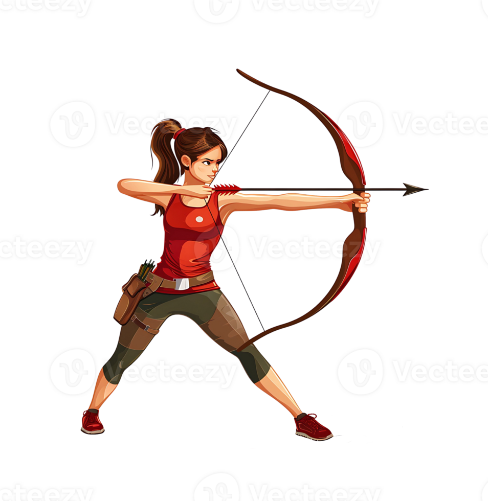 Focused female archer in action pose with bow and arrow on transparent background png