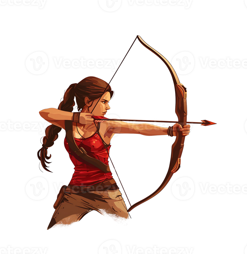 Focused female archer in action pose with bow and arrow on transparent background png