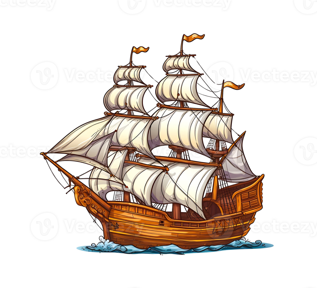 sailing ship sailing on the sea, on transparent background png