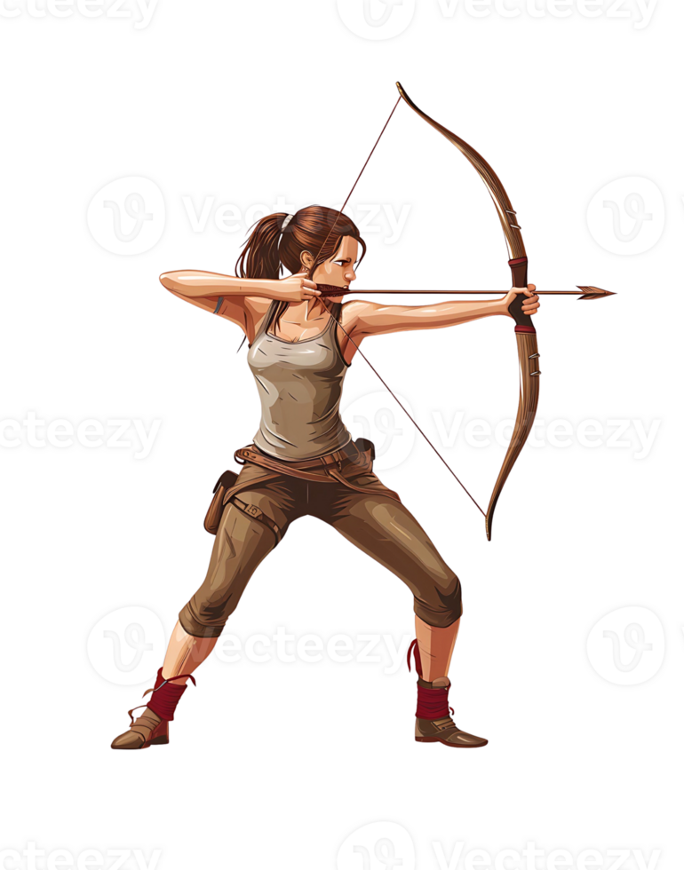 Focused female archer in action pose with bow and arrow on transparent background png