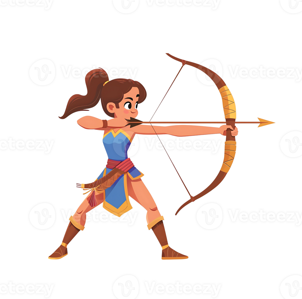 Focused female archer in action pose with bow and arrow on transparent background png