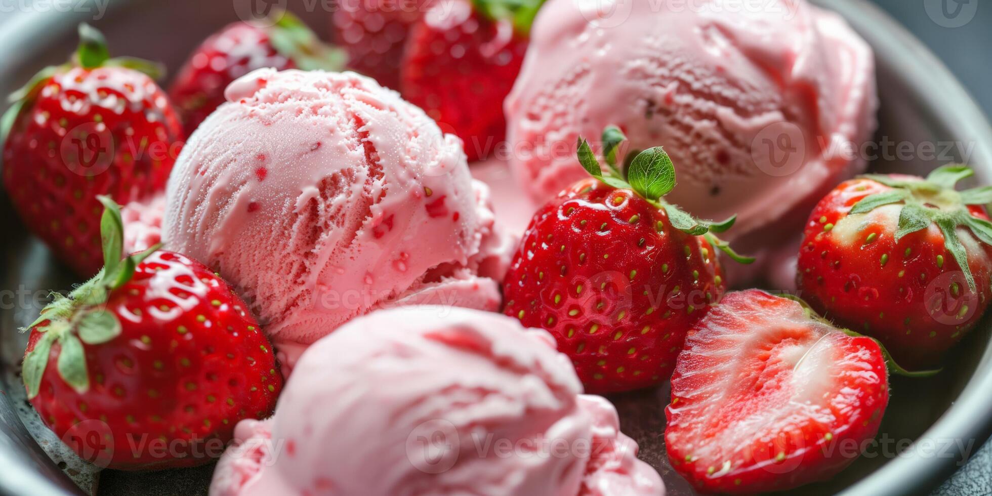 Close up of strawberry ice cream scoops in a bowl with fresh strawberries, perfect for summer treats or dessert concepts photo