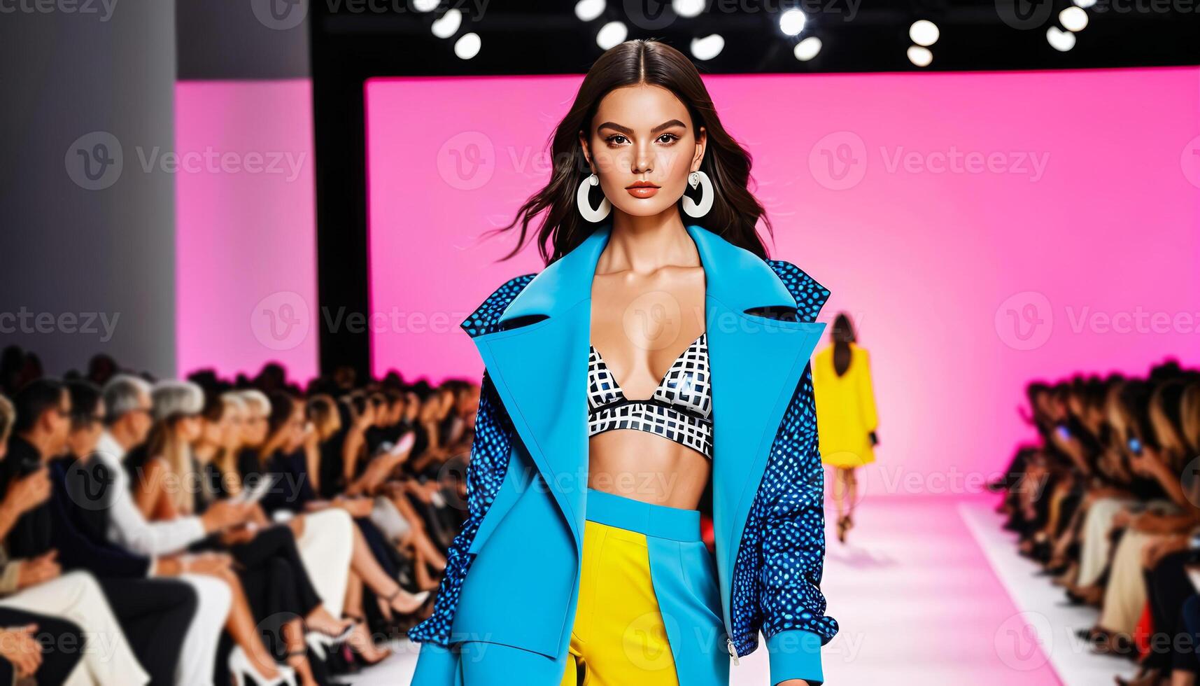 Elegant model showcasing vibrant high fashion outfit on runway during Spring Summer Fashion Week photo
